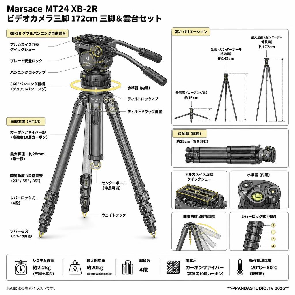 Marsace MT24 XB-2R ビデオカメラ三脚  172cm 三脚＆雲台セット スペック