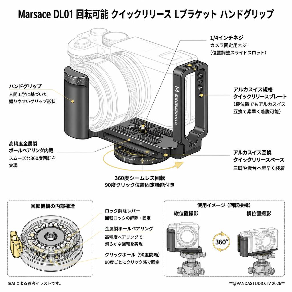 Marsace DL01 回転可能 クイックリリース L型ブラケット ハンドグリップ スペック