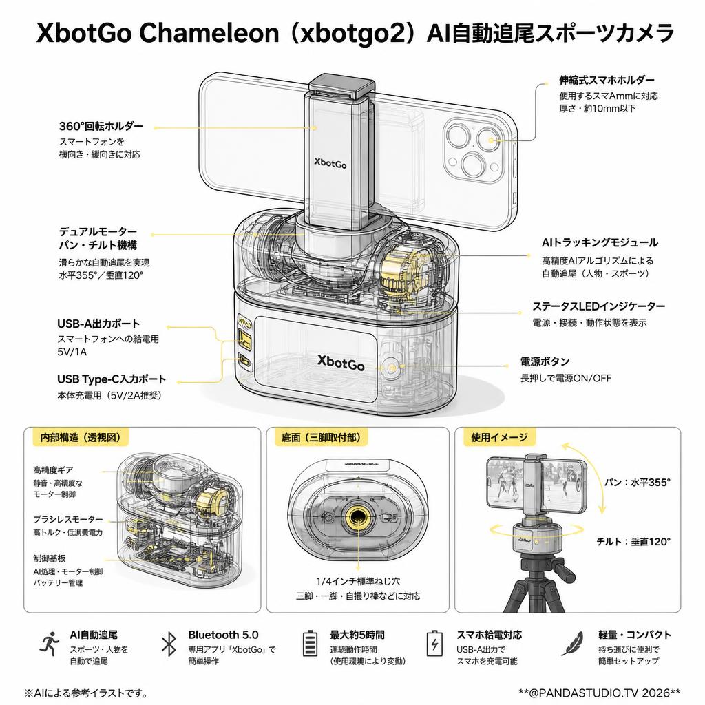 XbotGo Chameleon AI自動追尾スポーツカメラ グラファイトグレー スペック