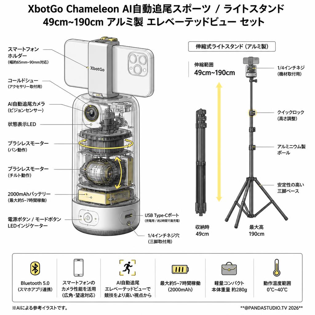 XbotGo Chameleon AI自動追尾スポーツ グラファイトグレー / ライトスタンド 49cm~190cm アルミ製 エレベーテッドビュー セット スペック