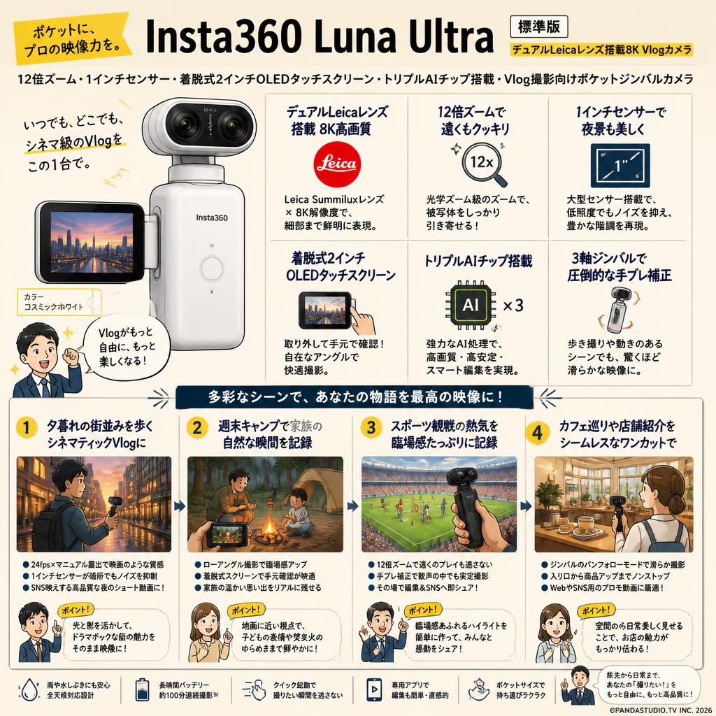 Insta360 Luna Ultra 標準版: コスミックホワイト- デュアルLeicaレンズ搭載8K Vlogカメラ、12倍ズーム、1インチセンサー、着脱式2インチOLEDタッチスクリーン、トリプルAIチップ搭載、Vlog撮影向けポケットジンバルカメラ 用途