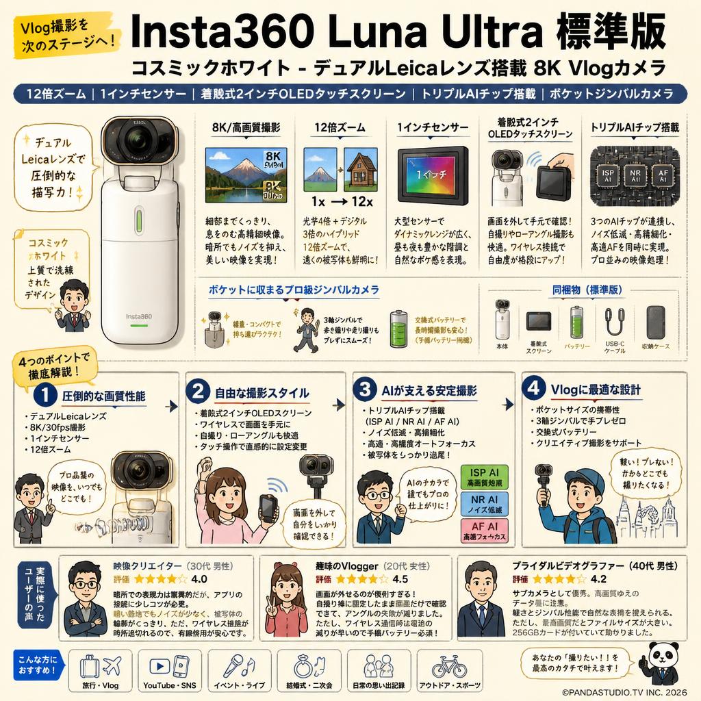 Insta360 Luna Ultra 標準版: コスミックホワイト- デュアルLeicaレンズ搭載8K Vlogカメラ、12倍ズーム、1インチセンサー、着脱式2インチOLEDタッチスクリーン、トリプルAIチップ搭載、Vlog撮影向けポケットジンバルカメラ インターネット上のお客様の声（評判）