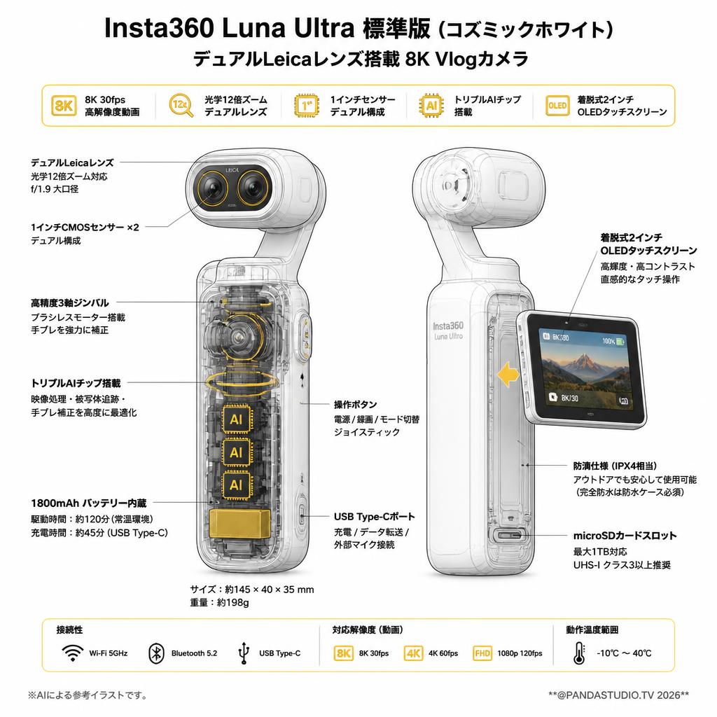 Insta360 Luna Ultra 標準版: コスミックホワイト- デュアルLeicaレンズ搭載8K Vlogカメラ、12倍ズーム、1インチセンサー、着脱式2インチOLEDタッチスクリーン、トリプルAIチップ搭載、Vlog撮影向けポケットジンバルカメラ スペック