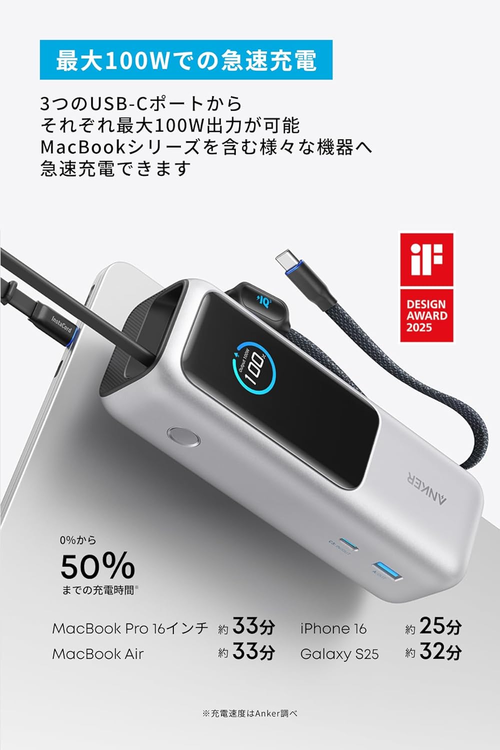 Anker Power Bank (25000mAh, Built-In & 巻取り式USB-Cケーブル