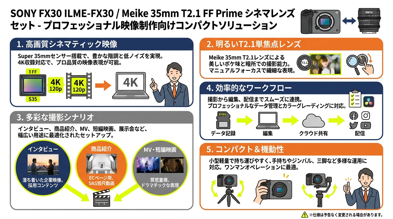SONY FX30  ILME-FX30 / Meike 35mm T2.1 FF Prime シネマレンズ Eマウント セット 用途