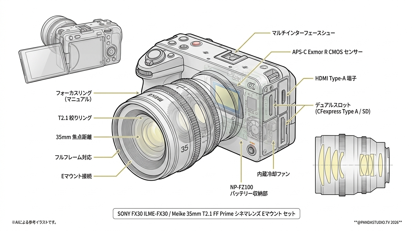 SONY FX30  ILME-FX30 / Meike 35mm T2.1 FF Prime シネマレンズ Eマウント セット スペック