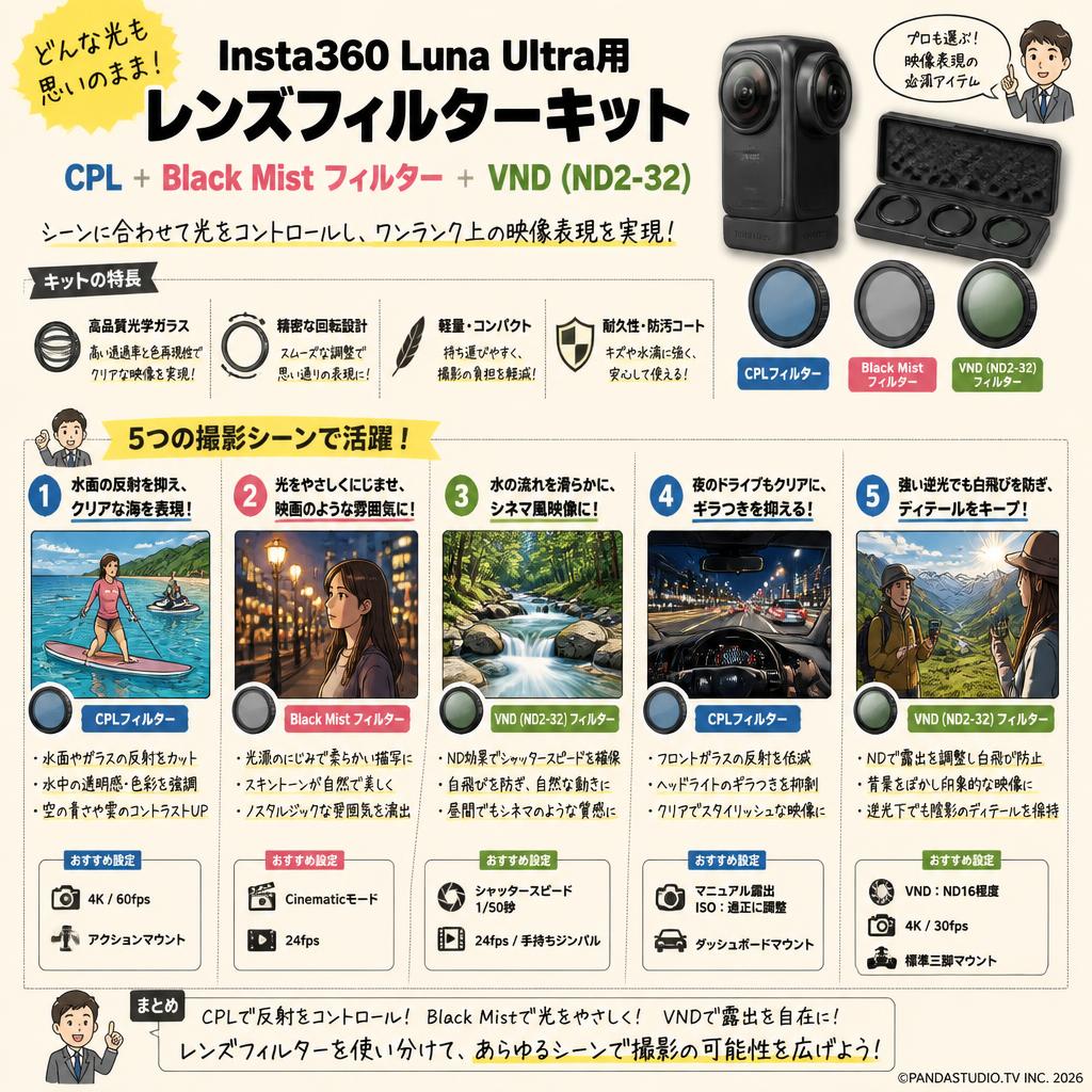 Insta360 Luna Ultra用レンズフィルターキット（ CPL +Black Mist filters+VND (ND2-32) ) 用途