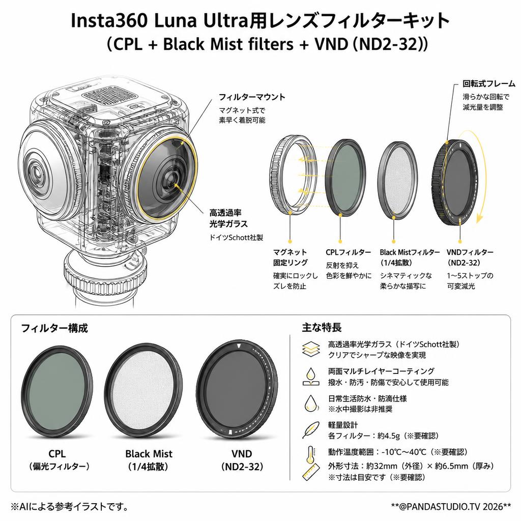 Insta360 Luna Ultra用レンズフィルターキット（ CPL +Black Mist filters+VND (ND2-32) ) スペック