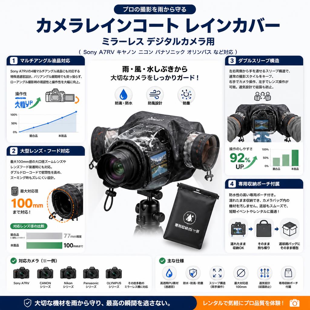 ミラーレス デジタルカメラ 用 カメラレインコート レインカバー（ Sony A7RV キャノン ニコン パナソニック オリンパス など対応 ） セールスポイント