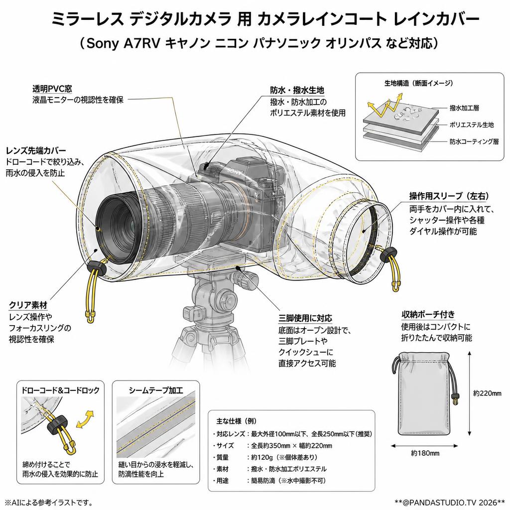 ミラーレス デジタルカメラ 用 カメラレインコート レインカバー（ Sony A7RV キャノン ニコン パナソニック オリンパス など対応 ） スペック