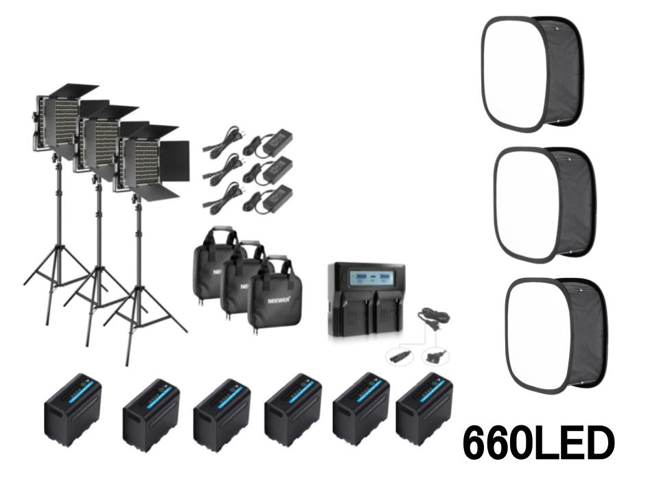 660 LEDビデオライトスタジオ撮影用ライト3本キット（バッテリー チャージャー ソフトボックス付）