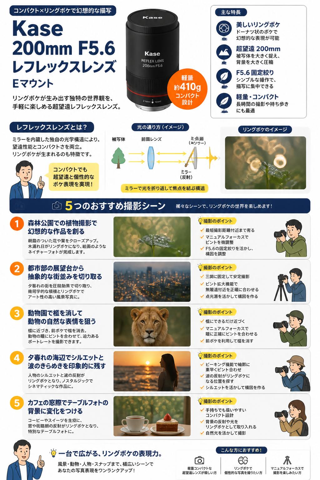 Kase 200mm F5.6 レフレックスレンズ Eマウント 用途