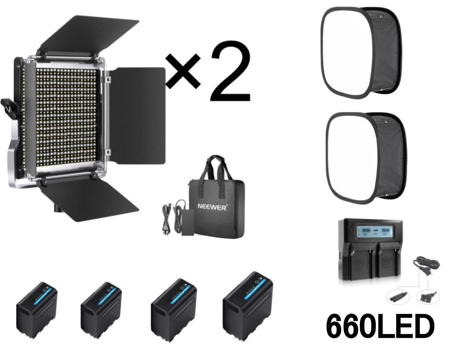 660 LEDビデオライト2個セット （バッテリー  チャージャーソフトボックス付)
