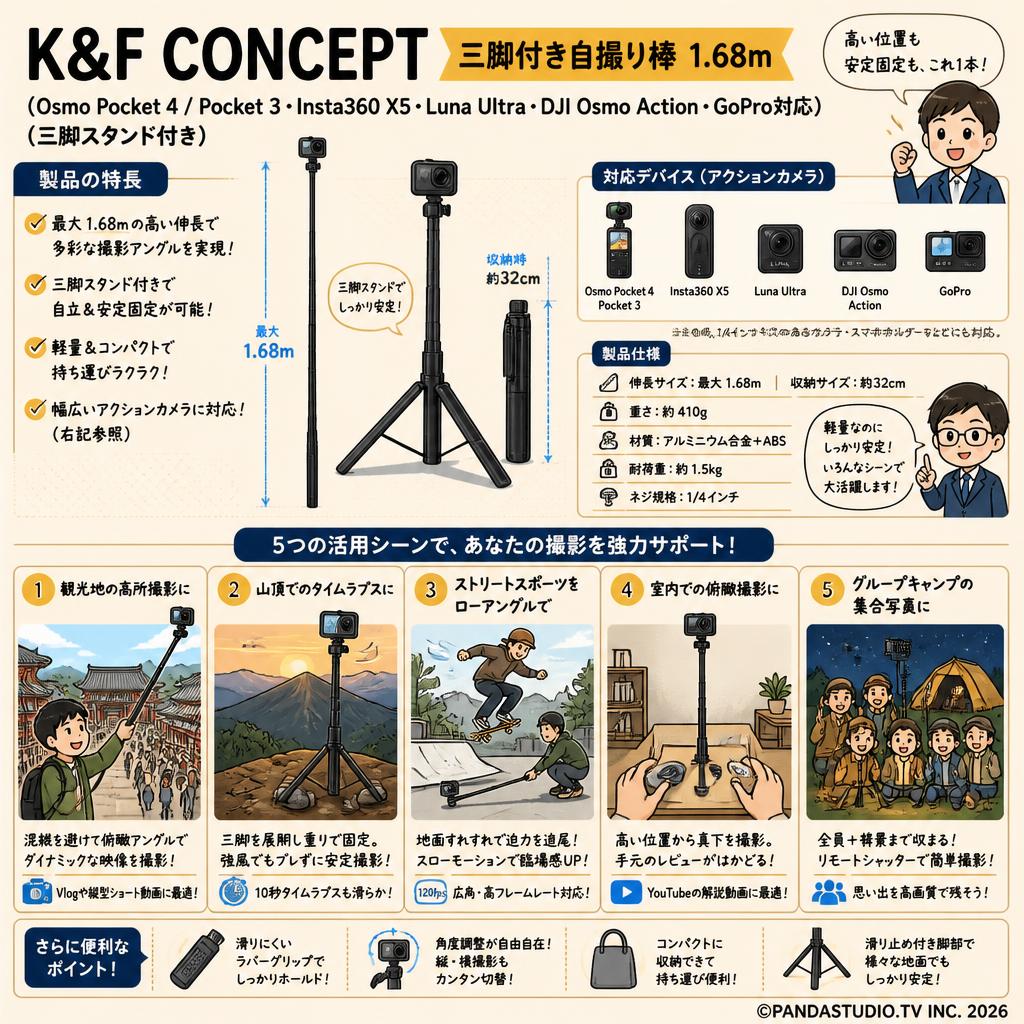 K&F CONCEPT 三脚付き自撮り棒 1.68m（Osmo Pocket 4 / Pocket 3・Insta360 X5・Luna Ultra・DJI Osmo Action・GoPro対応）（三脚スタンド付き） 用途