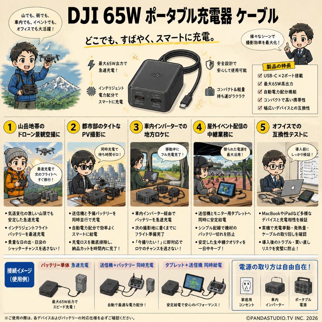 DJI 65W ポータブル充電器 ケーブル 用途