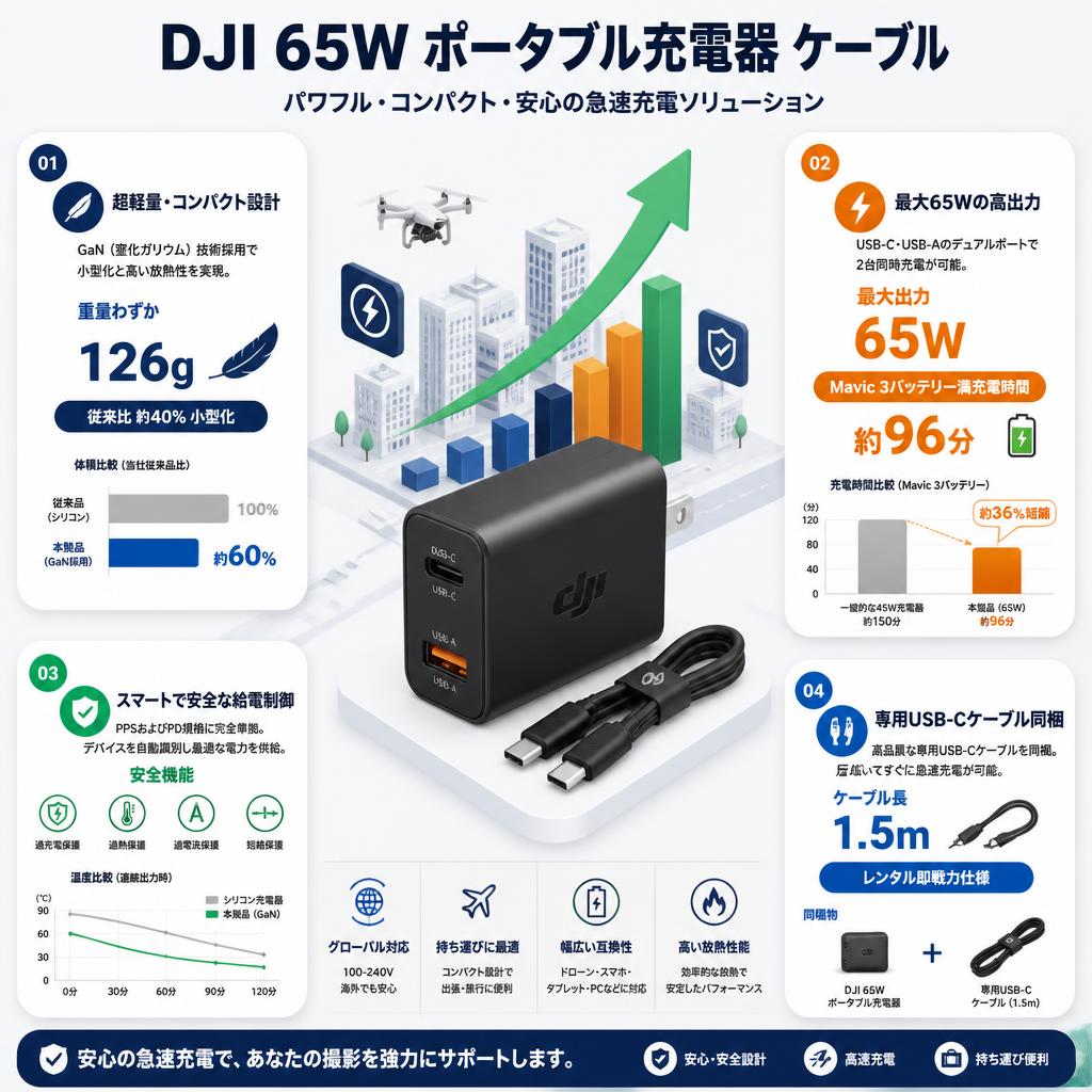 DJI 65W ポータブル充電器 ケーブル セールスポイント