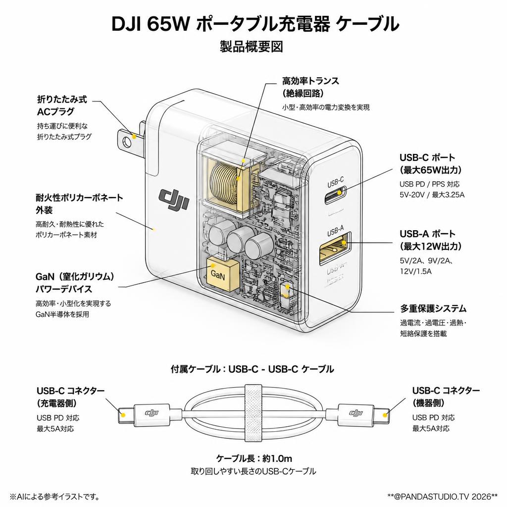 DJI 65W ポータブル充電器 ケーブル スペック