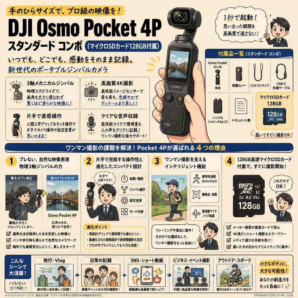 DJI Osmo Pocket 4P スタンダード コンボ  (マイクロSDカード128GB付属) デュアルレンズ シネマティック ポケットジンバルカメラ