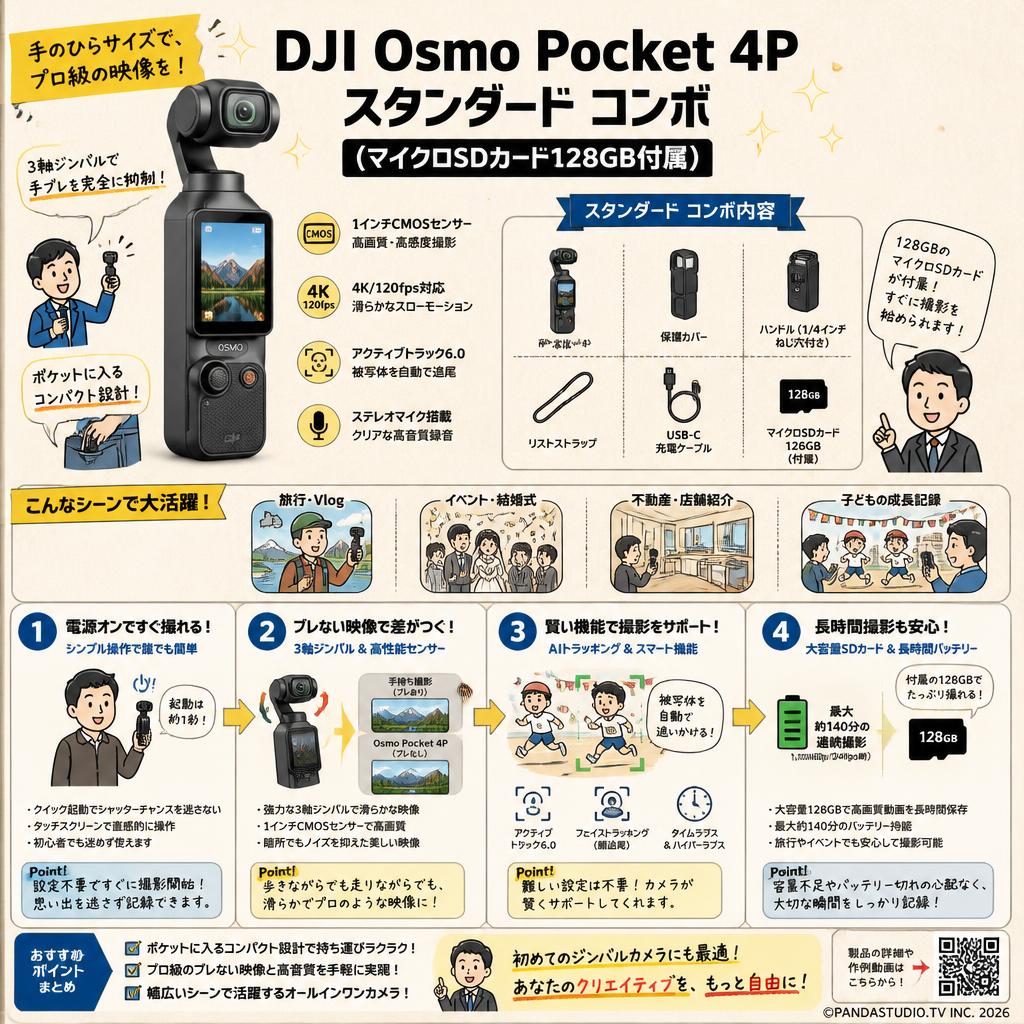 DJI Osmo Pocket 4P スタンダード コンボ  (マイクロSDカード128GB付属) デュアルレンズ シネマティック ポケットジンバルカメラ