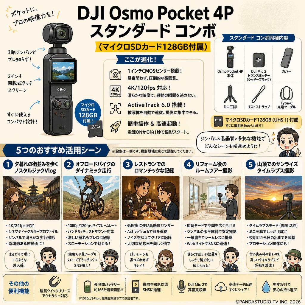 DJI Osmo Pocket 4P スタンダード コンボ  (マイクロSDカード128GB付属) デュアルレンズ シネマティック ポケットジンバルカメラ