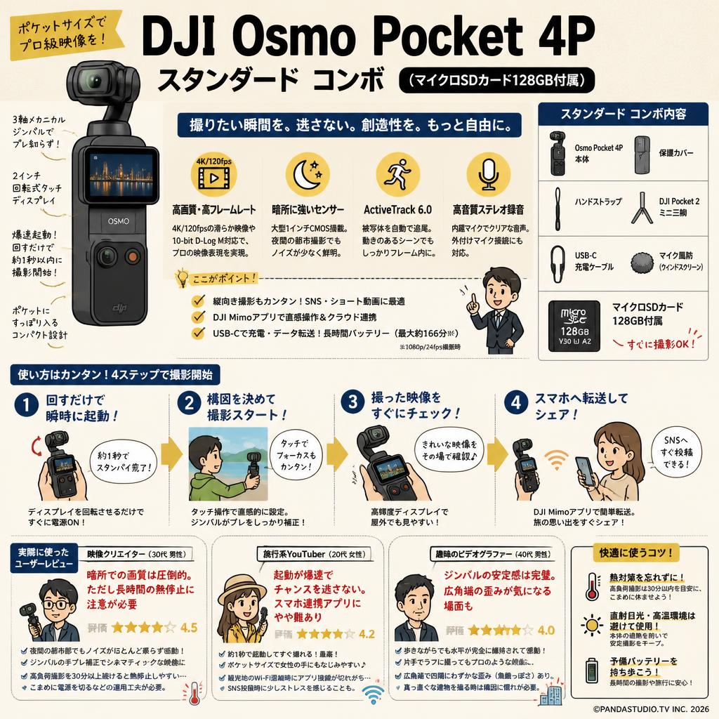 DJI Osmo Pocket 4P スタンダード コンボ  (マイクロSDカード128GB付属) デュアルレンズ シネマティック ポケットジンバルカメラ