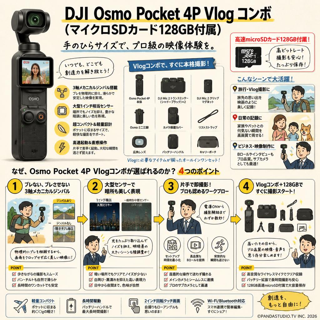 DJI Osmo Pocket 4P Vlog コンボ  (マイクロSDカード128GB付属) 概要