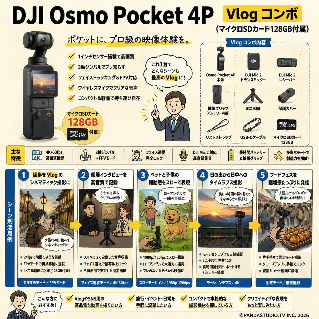 DJI Osmo Pocket 4P Vlog コンボ  (マイクロSDカード128GB付属) 用途