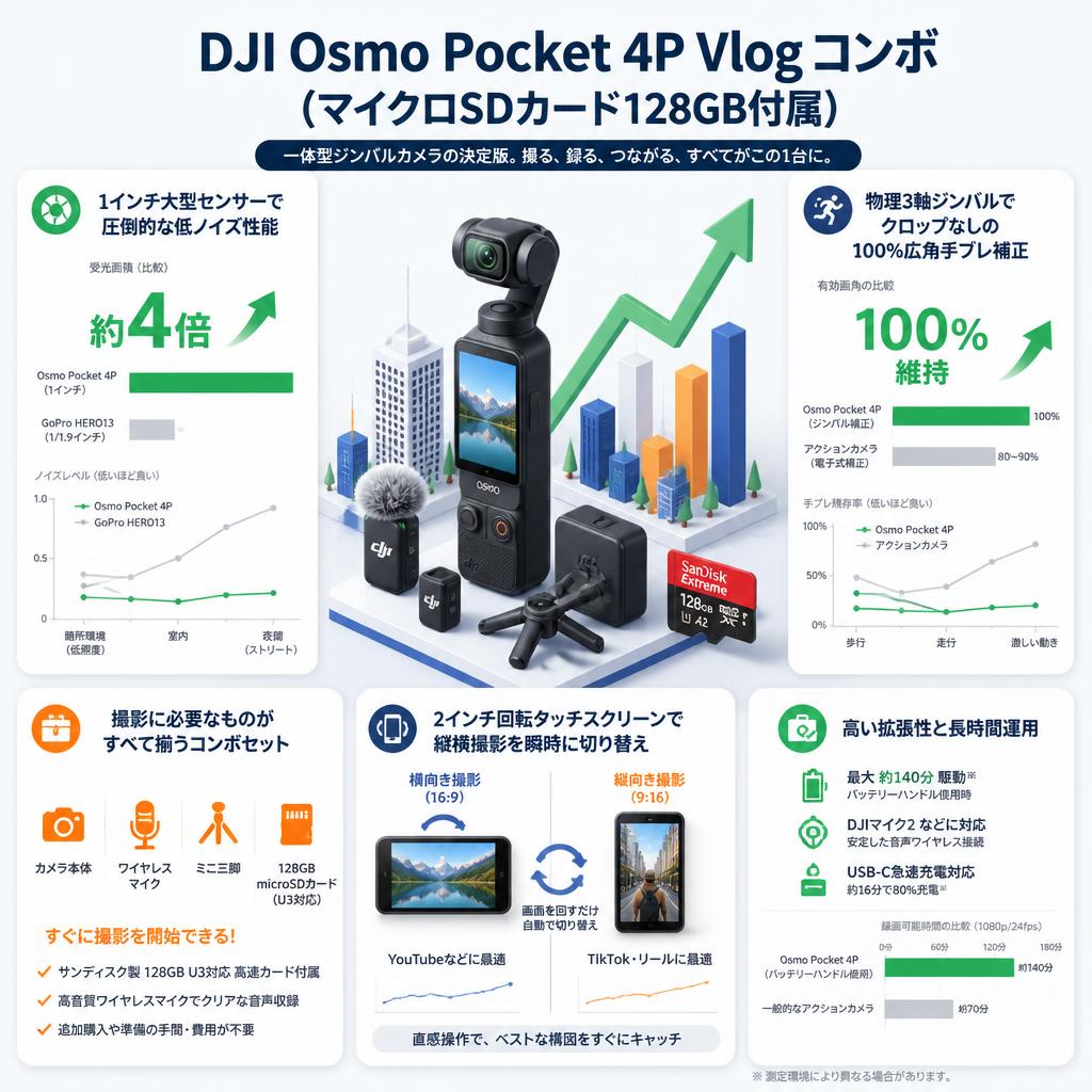 DJI Osmo Pocket 4P Vlog コンボ  (マイクロSDカード128GB付属) セールスポイント