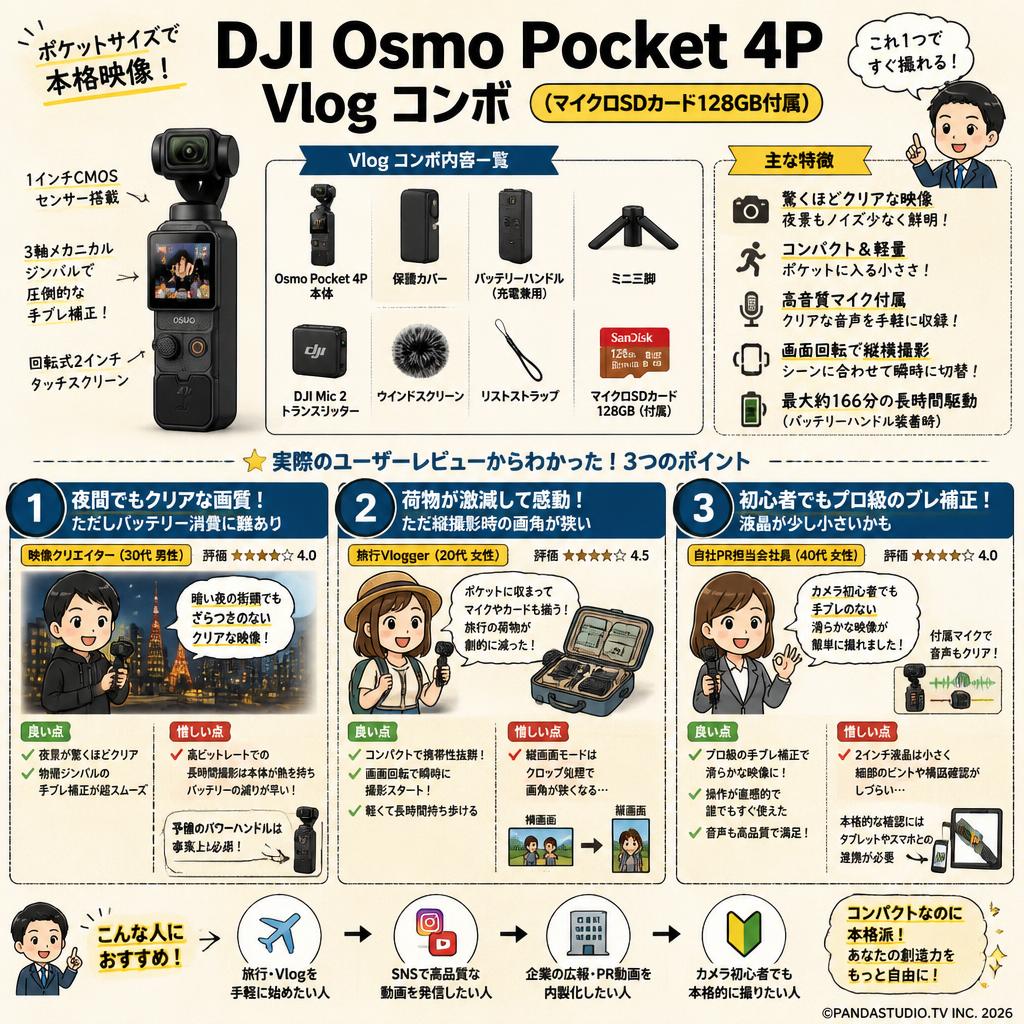 DJI Osmo Pocket 4P Vlog コンボ  (マイクロSDカード128GB付属) インターネット上のお客様の声（評判）