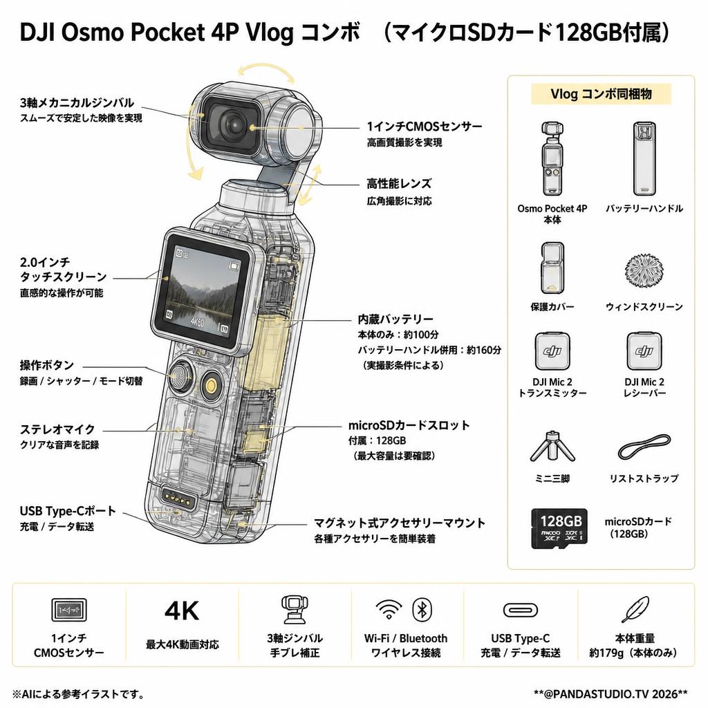DJI Osmo Pocket 4P Vlog コンボ  (マイクロSDカード128GB付属) スペック