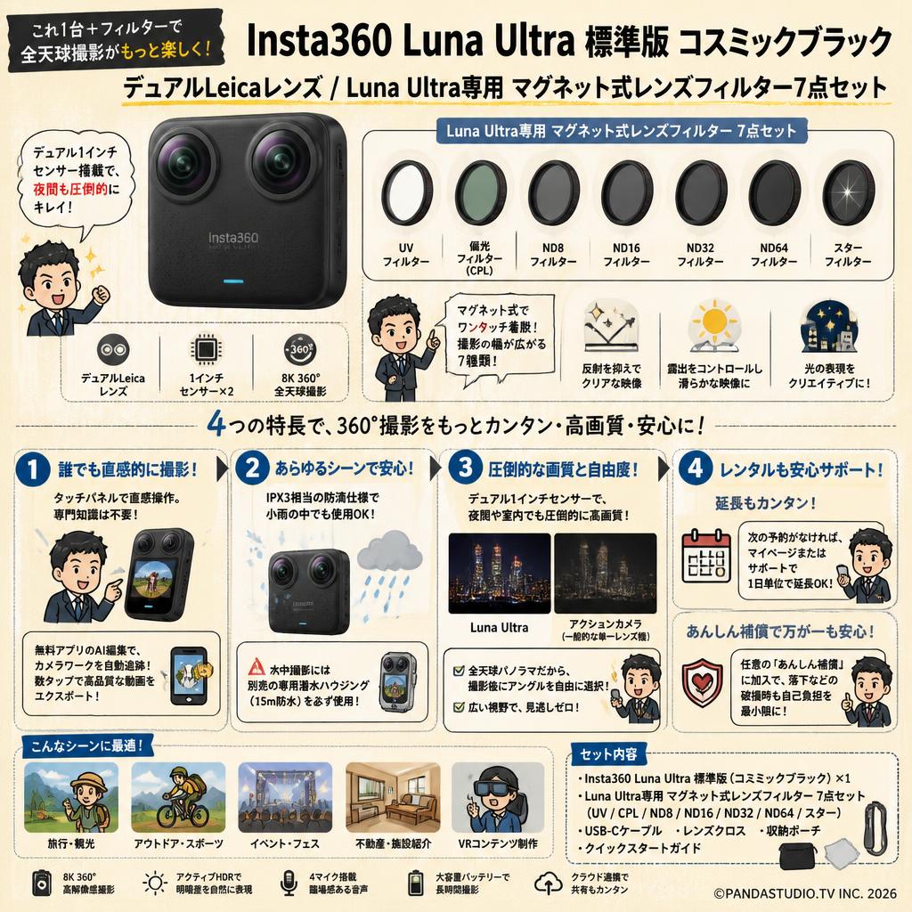 Insta360 Luna Ultra 標準版 コスミックブラック デュアルLeicaレンズ/ Luna Ultra専用 マグネット式レンズフィルター7点セット FAQ（よくある質問と答え）
