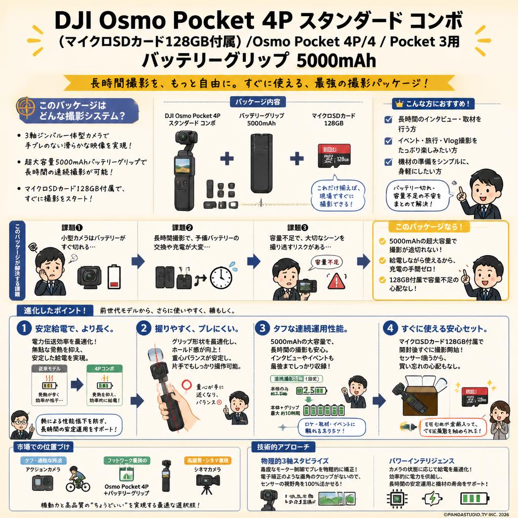 DJI Osmo Pocket 4P スタンダード コンボ  (マイクロSDカード128GB付属) /Osmo Pocket 4P/4  / Pocket 3用 バッテリーグリップ 5000mAh 概要