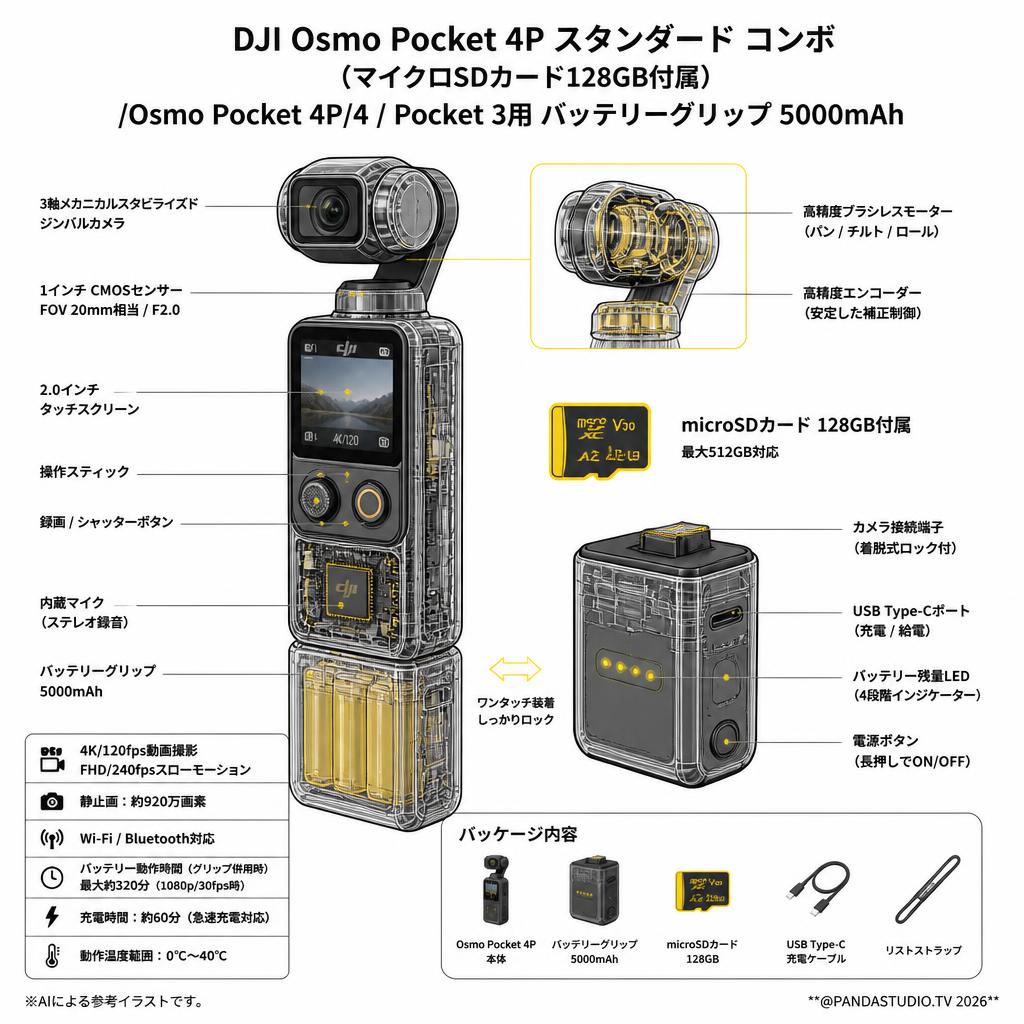 DJI Osmo Pocket 4P スタンダード コンボ  (マイクロSDカード128GB付属) /Osmo Pocket 4P/4  / Pocket 3用 バッテリーグリップ 5000mAh スペック
