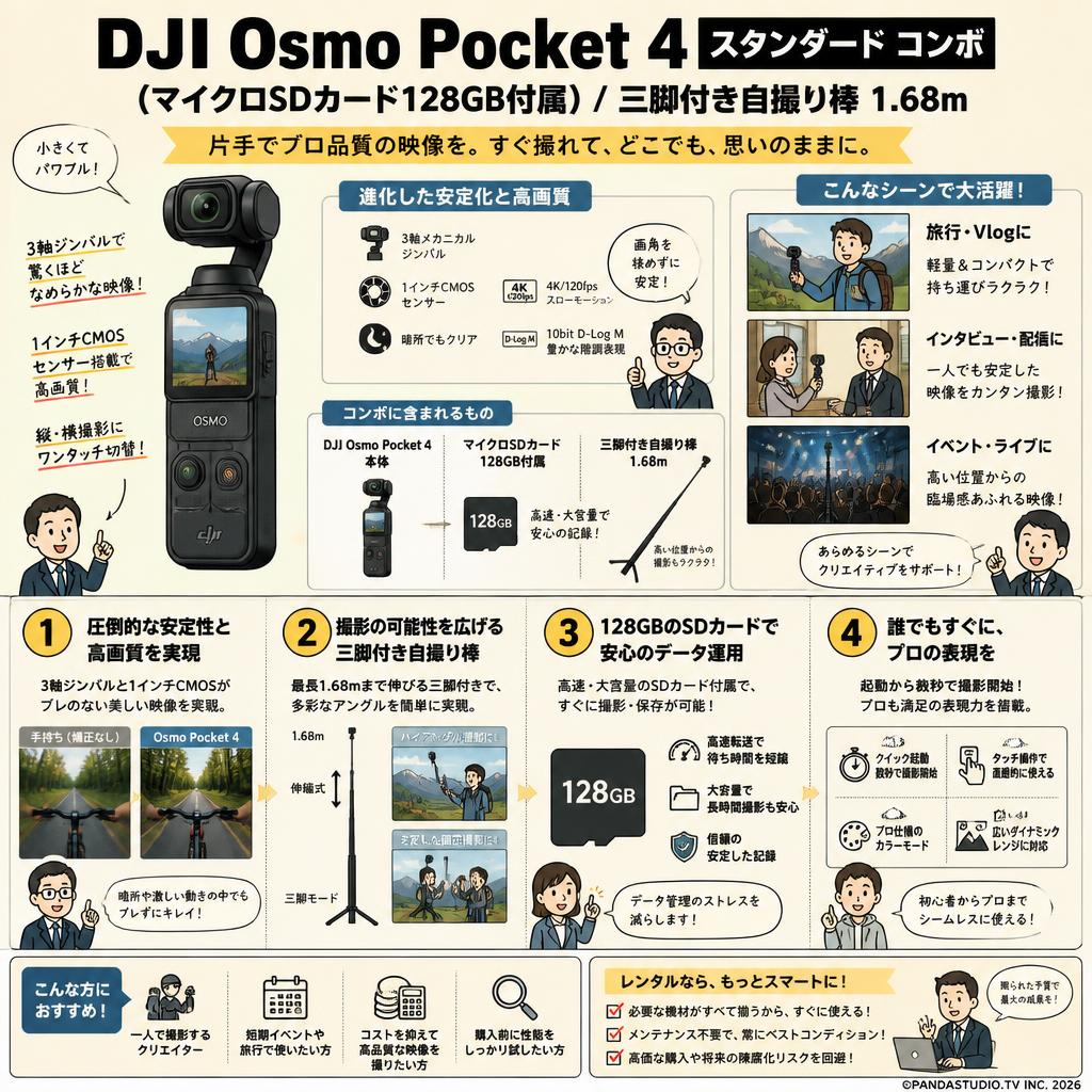 DJI Osmo Pocket 4 スタンダード コンボ  (マイクロSDカード128GB付属) / 三脚付き自撮り棒 1.68m 概要