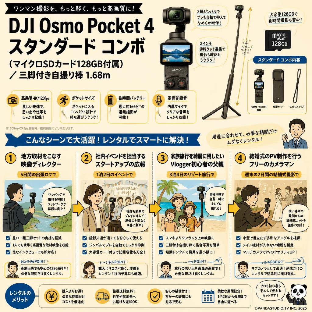 DJI Osmo Pocket 4 スタンダード コンボ  (マイクロSDカード128GB付属) / 三脚付き自撮り棒 1.68m おもな対象のお客様