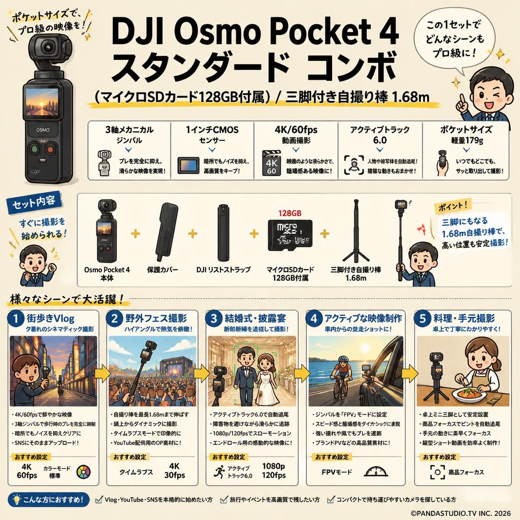 DJI Osmo Pocket 4 スタンダード コンボ  (マイクロSDカード128GB付属) / 三脚付き自撮り棒 1.68m 用途