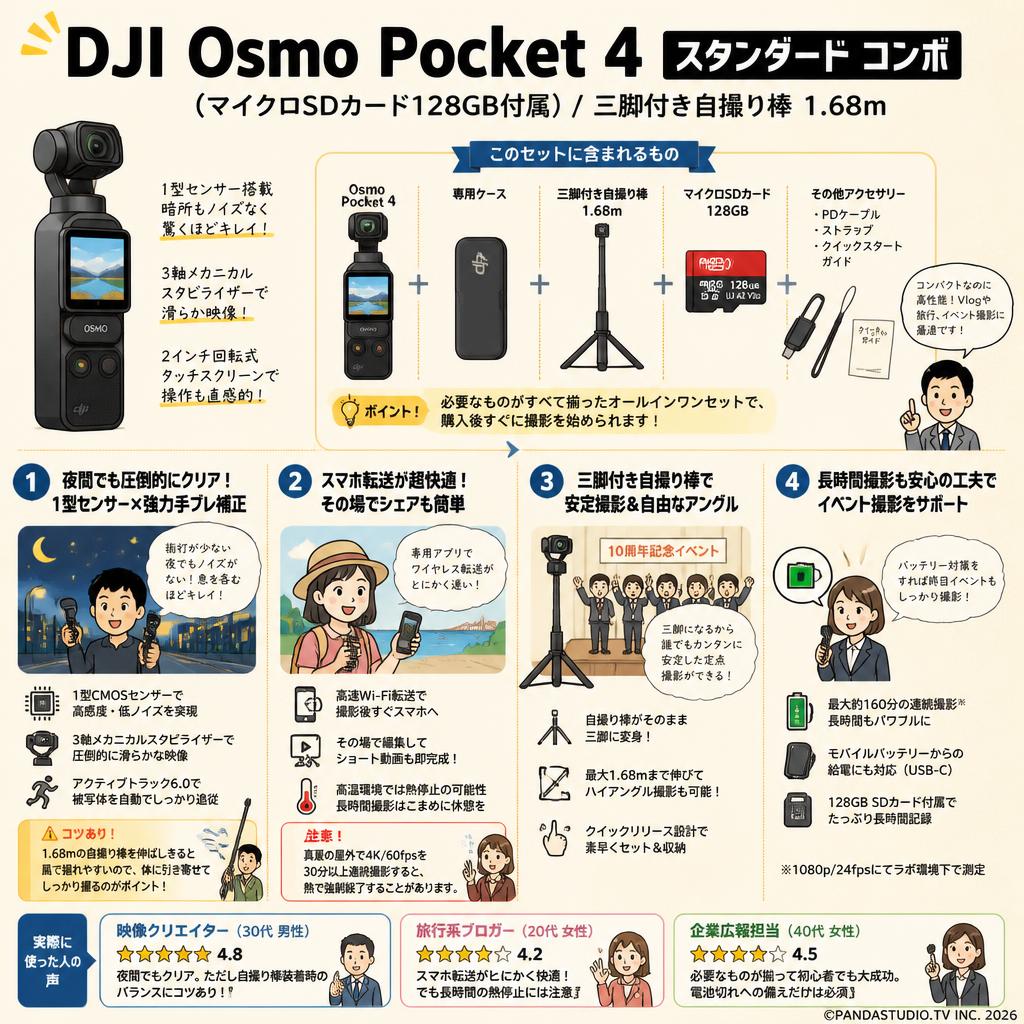 DJI Osmo Pocket 4 スタンダード コンボ  (マイクロSDカード128GB付属) / 三脚付き自撮り棒 1.68m インターネット上のお客様の声（評判）