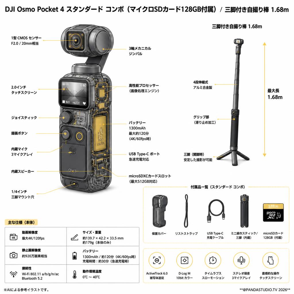 DJI Osmo Pocket 4 スタンダード コンボ  (マイクロSDカード128GB付属) / 三脚付き自撮り棒 1.68m スペック
