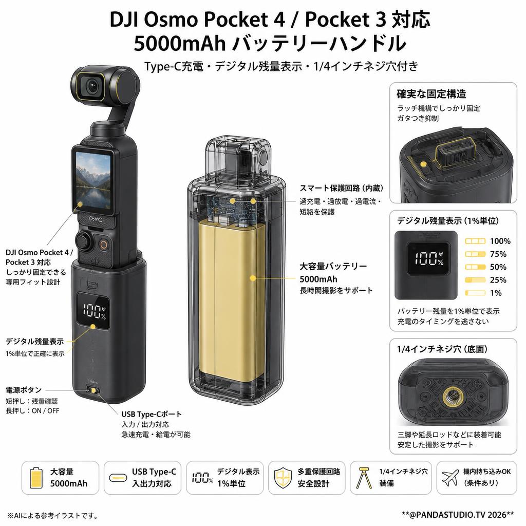 DJI Osmo Pocket 4 / Pocket 3 対応 5000mAh バッテリーハンドル Type-C充電・デジタル残量表示・1/4インチネジ穴付き スペック