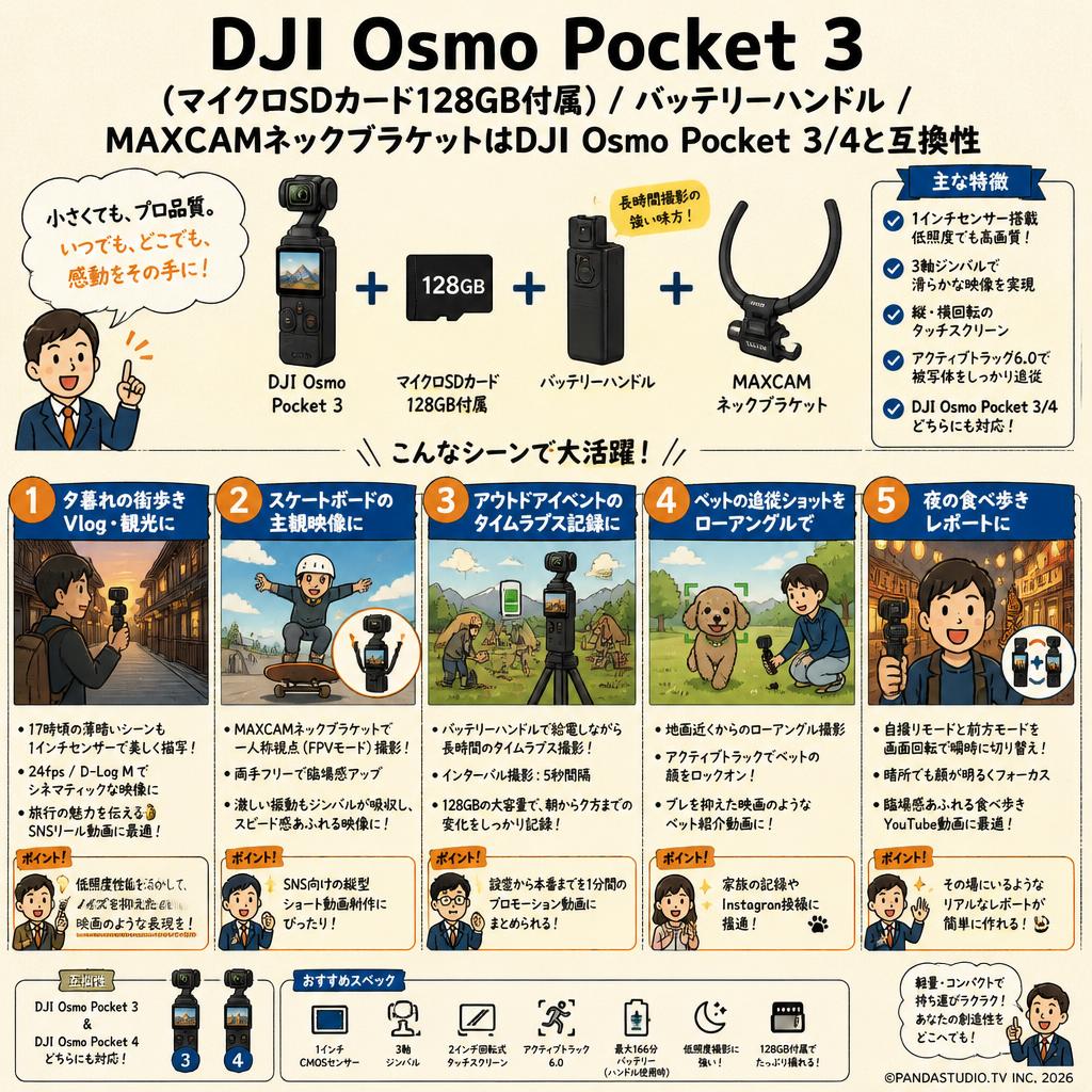 DJI Osmo Pocket 3 (マイクロSDカード128GB付属)/バッテリーハンドル/MAXCAMネックブラケットはDJI Osmo Pocket 3/4と互換性 用途