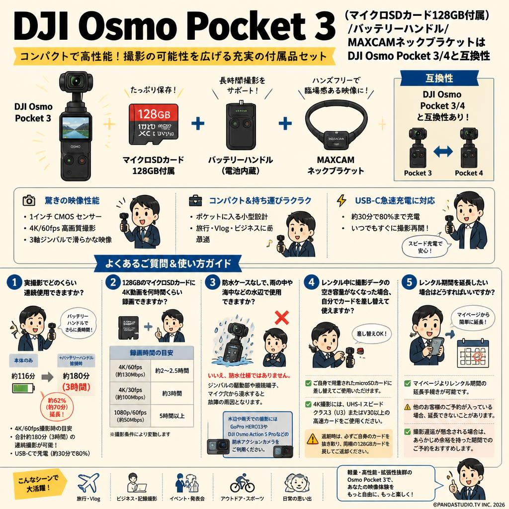 DJI Osmo Pocket 3 (マイクロSDカード128GB付属)/バッテリーハンドル/MAXCAMネックブラケットはDJI Osmo Pocket 3/4と互換性 FAQ（よくある質問と答え）