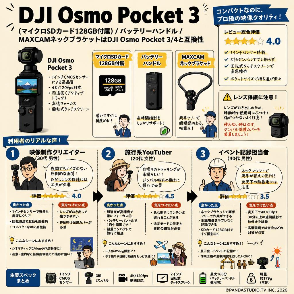DJI Osmo Pocket 3 (マイクロSDカード128GB付属)/バッテリーハンドル/MAXCAMネックブラケットはDJI Osmo Pocket 3/4と互換性 インターネット上のお客様の声（評判）