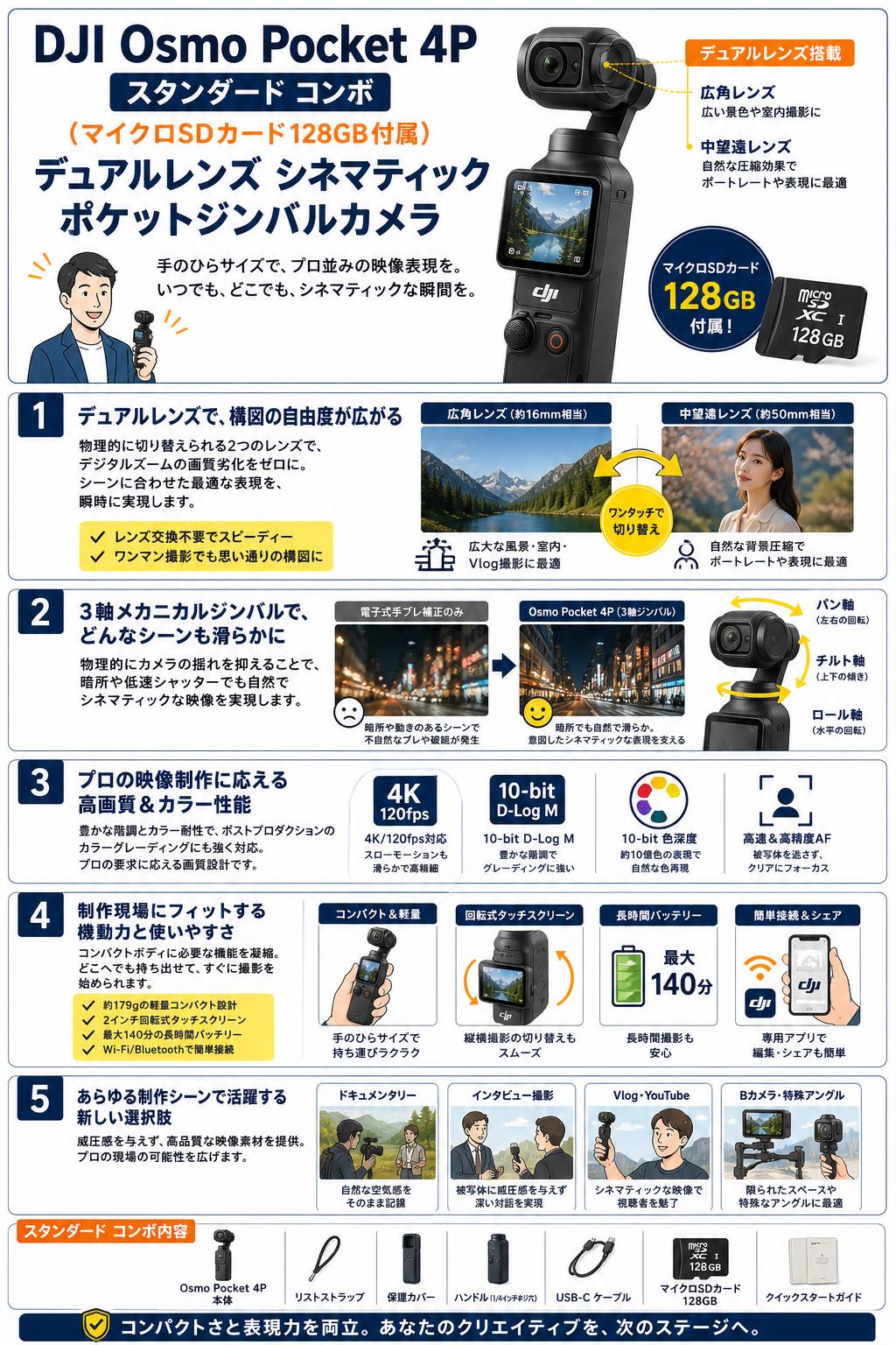 DJI Osmo Pocket 4P スタンダード コンボ  (マイクロSDカード128GB付属) デュアルレンズ シネマティック ポケットジンバルカメラ 概要