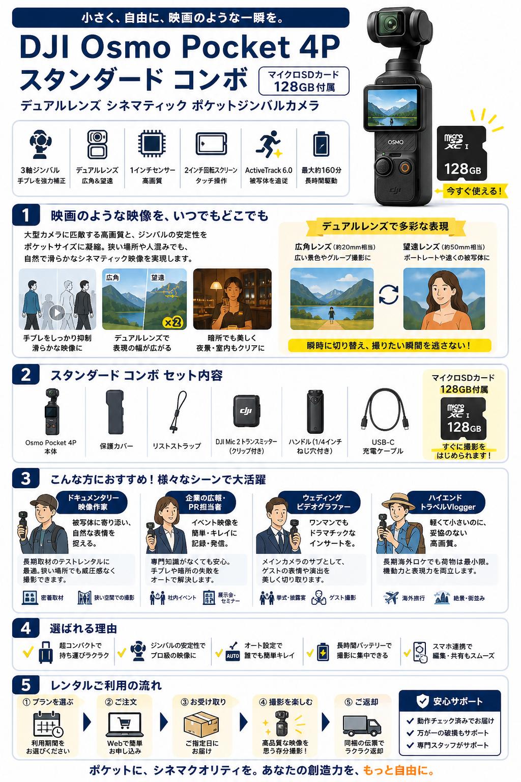 DJI Osmo Pocket 4P スタンダード コンボ  (マイクロSDカード128GB付属) デュアルレンズ シネマティック ポケットジンバルカメラ おもな対象のお客様
