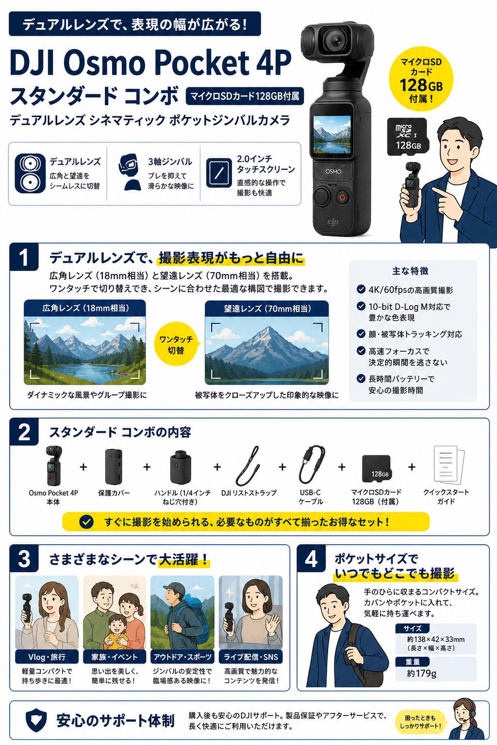 DJI Osmo Pocket 4P スタンダード コンボ  (マイクロSDカード128GB付属) デュアルレンズ シネマティック ポケットジンバルカメラ 関連商品・競合製品
