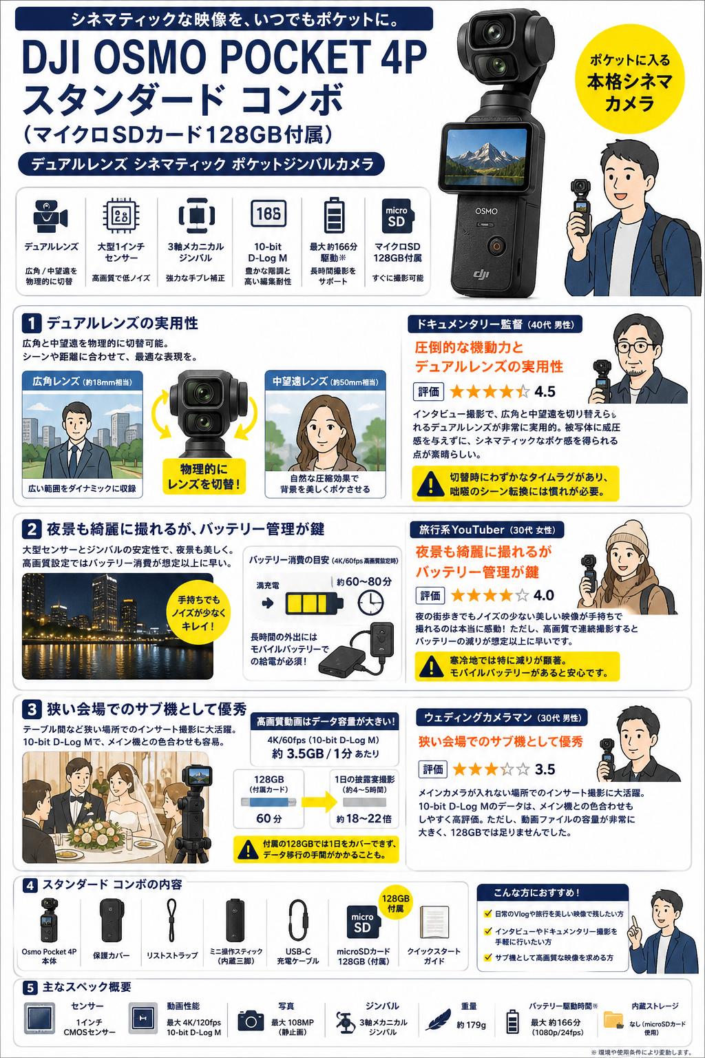 DJI Osmo Pocket 4P スタンダード コンボ  (マイクロSDカード128GB付属) デュアルレンズ シネマティック ポケットジンバルカメラ インターネット上のお客様の声（評判）