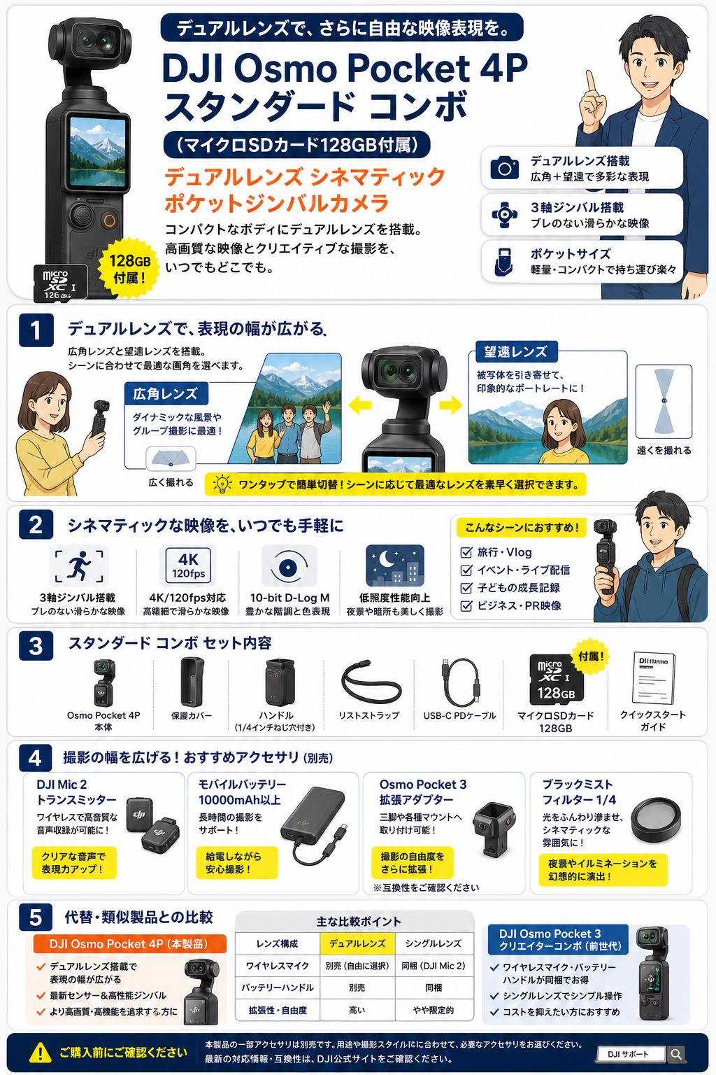 DJI Osmo Pocket 4P スタンダード コンボ  (マイクロSDカード128GB付属) デュアルレンズ シネマティック ポケットジンバルカメラ 関連機器・周辺機器