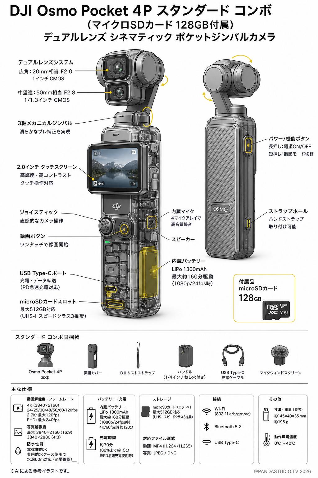 DJI Osmo Pocket 4P スタンダード コンボ  (マイクロSDカード128GB付属) デュアルレンズ シネマティック ポケットジンバルカメラ スペック