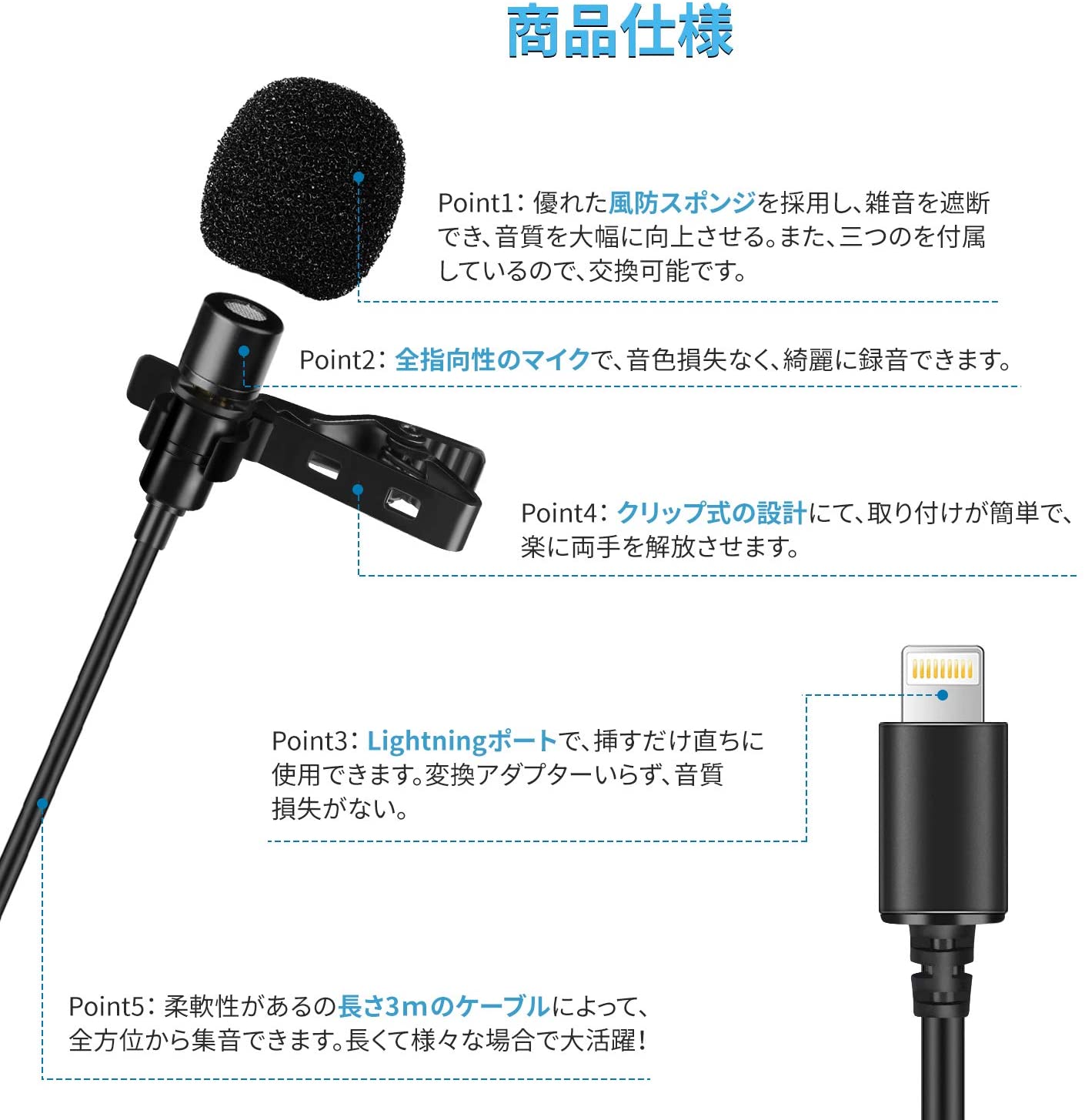 Iphone Ipad マイク Lightning端子 ケーブル3m マイク パンダスタジオ レンタル公式サイト