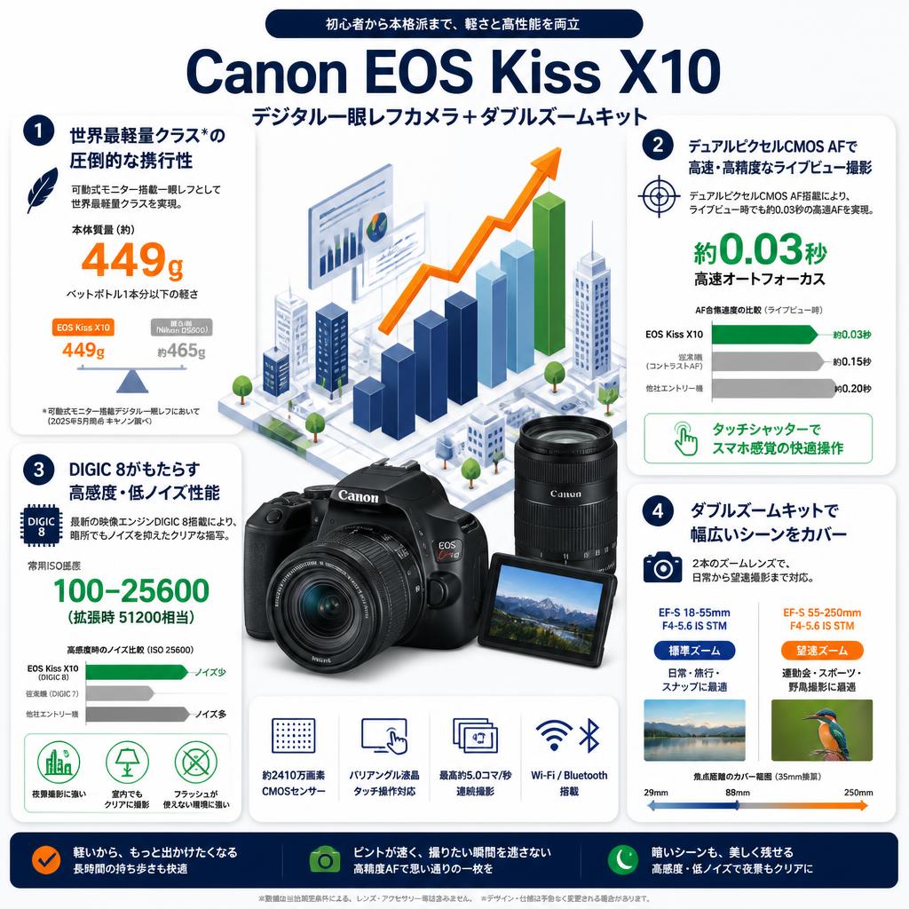 Canon EOS Kiss X10 デジタル一眼レフカメラ＋ダブルズームキット セールスポイント